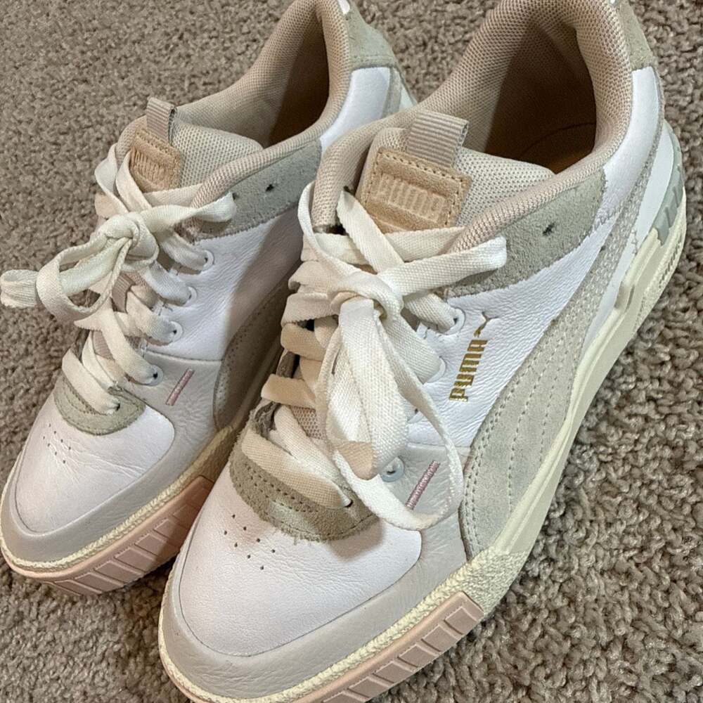 Puma Cali Sport Womens 7.5 Cream Beige Platform Sneakers Leather Casual Shoes